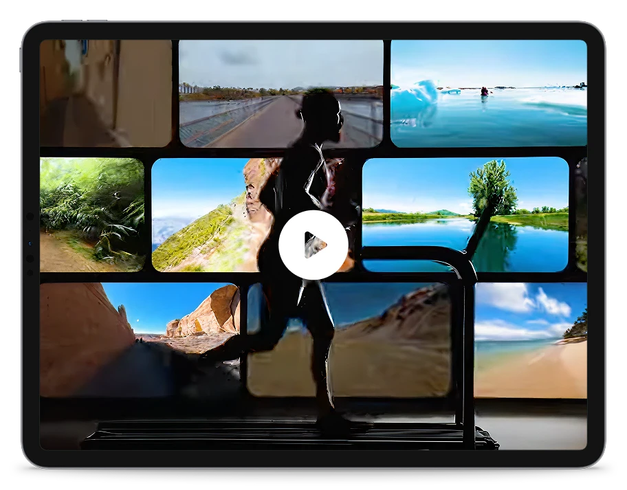 A tablet showing a grid of BitGym tour scenes behind a runner on a treadmill, with a play button